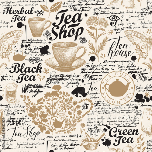 Vector seamless pattern on the tea theme with sketches, unreadable notes, inscriptions, blots. Abstract hand-drawn background in retro style. Suitable for Wallpaper, wrapping paper, background, fabric