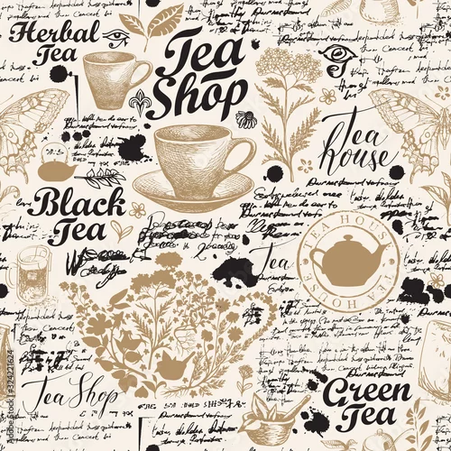 Obraz Vector seamless pattern on the tea theme with sketches, unreadable notes, inscriptions, blots. Abstract hand-drawn background in retro style. Suitable for Wallpaper, wrapping paper, background, fabric