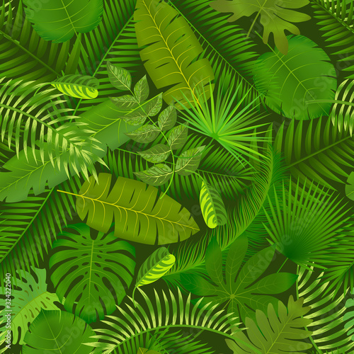 Fashionable seamless tropical pattern design with bright green plants and leaves on dark background. Jungle print. Floral background. Vector illustration.