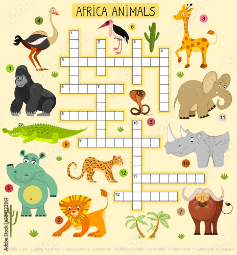 African animals vector crossword for children. Illustration of lion and leopard, elephant and gorilla.  photo