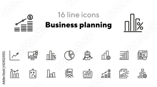 Business planning icon. Set of line icon on white background. Analytics, recruitment, finding solution. Marketing concept. Vector illustration can be used for topic like business, management, analysis