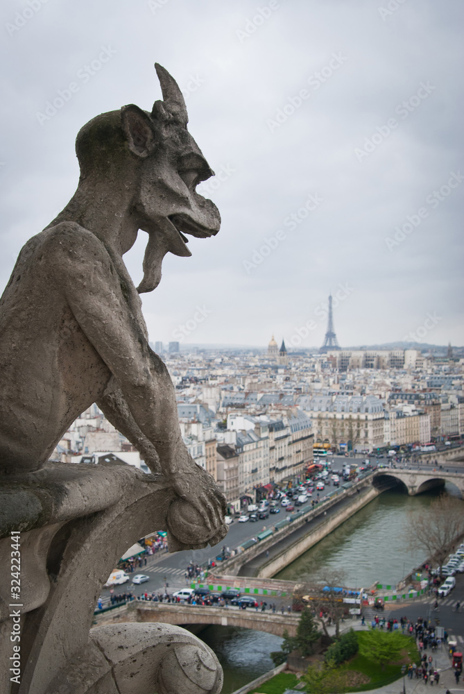Gargoyle on the roof of Notre Dame in Paris, France. Great city view.