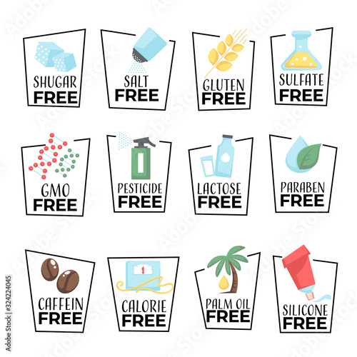 Products and food labels isolated icons, gmo or gluten free