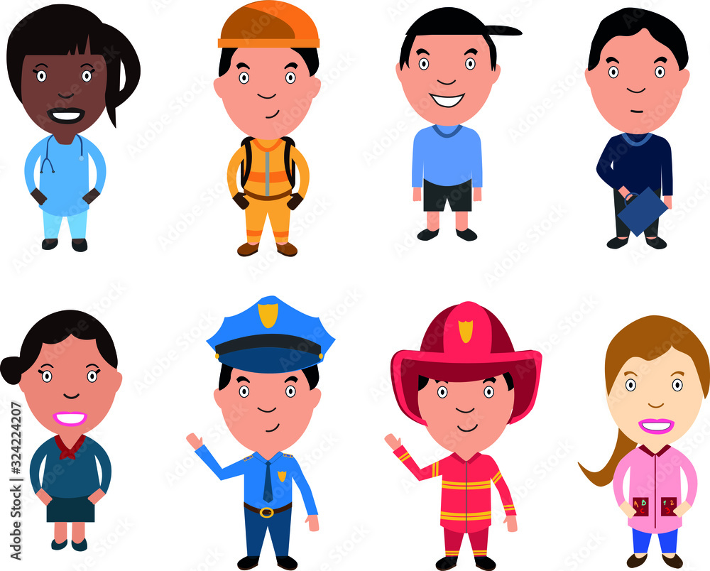 Cute people in various professions set. Smiling man and woman in uniform with professional equipment colorful vector illustrations