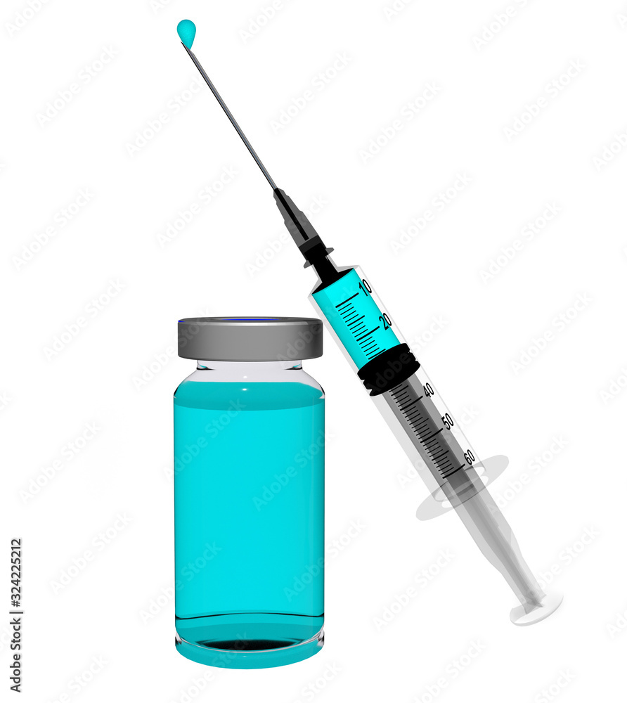 syringe injection bottle blue liquid neddle and drop- 3d rendering syringe injection bottle blue liquid neddle and drop- 3d rendering