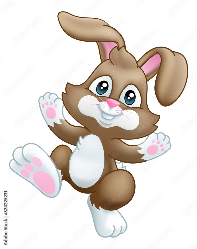 The Easter bunny rabbit cartoon character waving and dancing or hopping along The Easter bunny rabbit cartoon character waving and dancing or hopping along