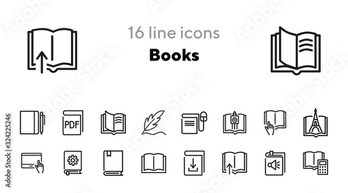Books line icon set. Novel, information, fairytale. Education concept Can be used for topics like knowledge, school, library
