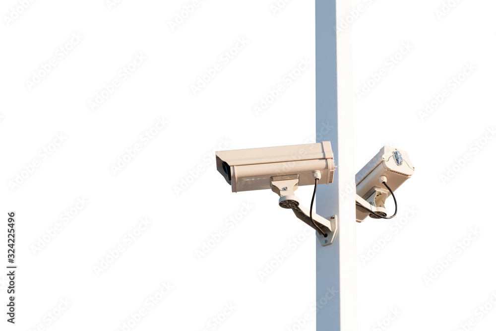 Closeup of traffic security camera on white background, Isolated camera surveillance monitoring (CCTV)
