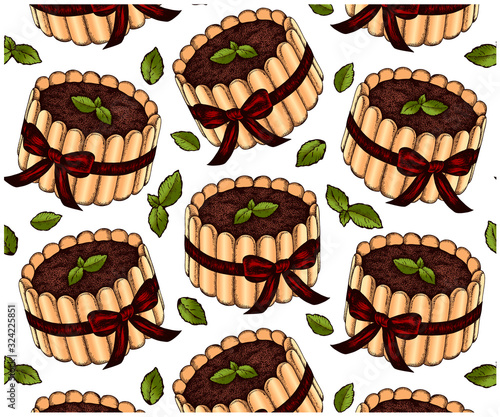 Sketch drawing pattern with colorful cake, red bow and mint isolated on white background. Italian dessert tiramisu, mascarpone, coffee, cocoa, savoiardi, chocolate. Vector illustration. wallpaper