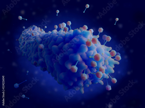 Bacteriophagees infecting a bacterium. Phages inject their genome in specific bacteria strains and replicate in them.Phages are a possible therapy against multi-drug-resistant bacteria. photo