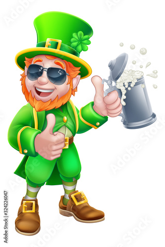 A Leprechaun St Patricks Day cartoon character mascot wearing cool sunglasses holding a drink and giving a thumbs up