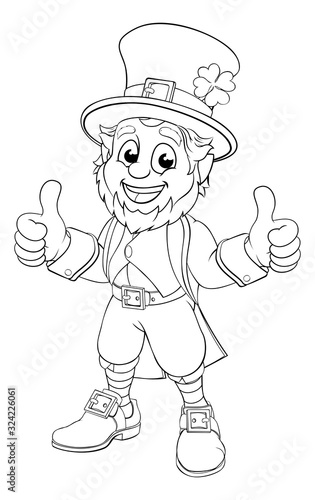 A leprechaun St. Patrick s day cartoon character in black and white outline like a colouring book page