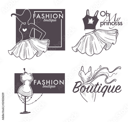 Fashion boutique isolated icons, female clothes store or shop