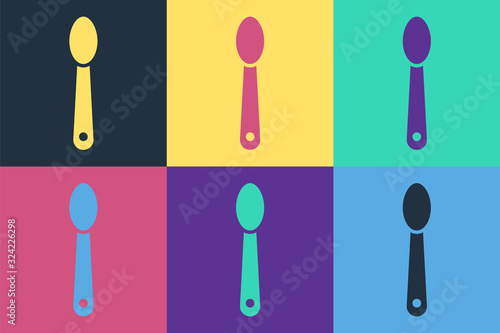 Pop art Heroin in a spoon icon isolated on color background. Concept of drug addiction and dependence from the narcotic. Junkie lifestyle. Vector Illustration