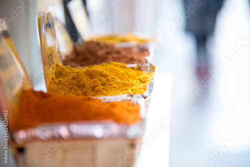 Variety of spices in a street stall in the city of Malaga, Spain