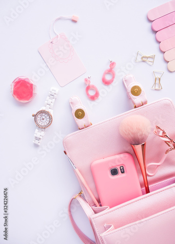 Flat lay of cosmetic accessories.