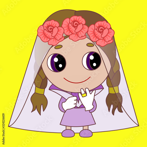 emoji with happy smiling just married spouse or wife wearing a veil with flowers and showing her wedding ring on her finger, simple colored emoticon chibi