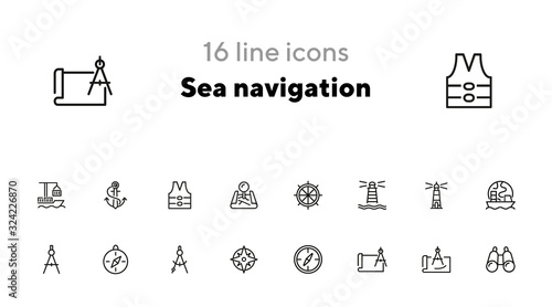 Sea navigation line icon set. Set of line icons on white background. Lighthouse, steering wheel, ship. Travel concept. Vector illustration can be used for topics like sea trip, tourism, cruise