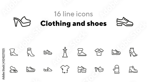 Clothing and shoes line icon set. Set of line icons on white background. T-shirt, shoe, boot. Fashion concept. Vector illustration can be used for topics like dressing, fashion, style