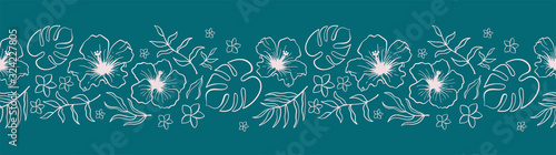 Lovely hand drawn tropical flowers and leaves horizontal seamless pattern, hibiscus and palm tree leaves, great for textiles, banners, wallpapers - vector design