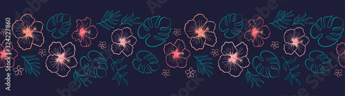 Lovely hand drawn tropical flowers and leaves horizontal seamless pattern, hibiscus and palm tree leaves, great for textiles, banners, wallpapers - vector design