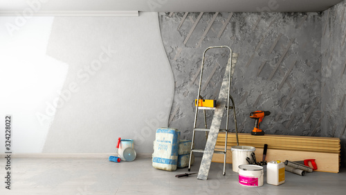 apartment repair concept repair tools and materials stand in a ruined room 3d render image