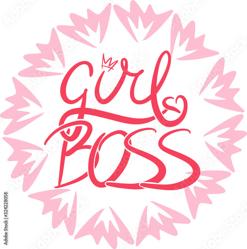 boss girl with crown and heart in a circle of cute elements in a modern style lettering, handwritten, feminism slogan, print for sticker, banners, posters, accessories, postcards, calligraphy, concept