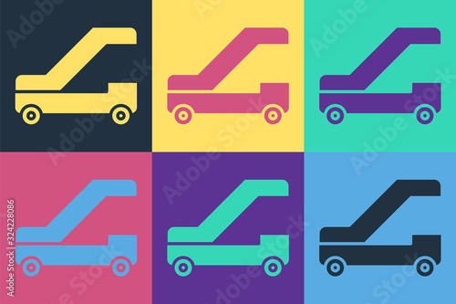 Pop art Passenger ladder for plane boarding icon isolated on color background. Airport stair travel. Vector Illustration