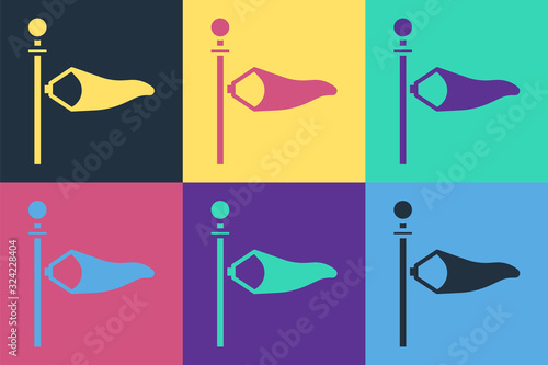 Pop art Cone meteorology windsock wind vane icon isolated on color background. Windsock indicate the direction and strength of the wind. Vector Illustration