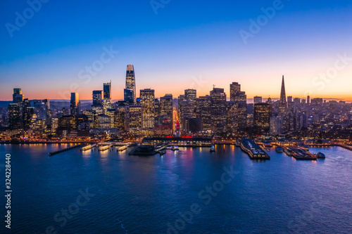 San Francisco downtown buildings skyline aerial sunset evening