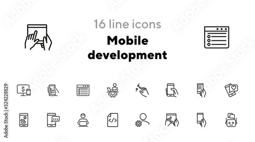 Mobile development line icon set. Phone, smartphone, gadget using. Business concept. Can be used for topics like information technology, software, app, coding