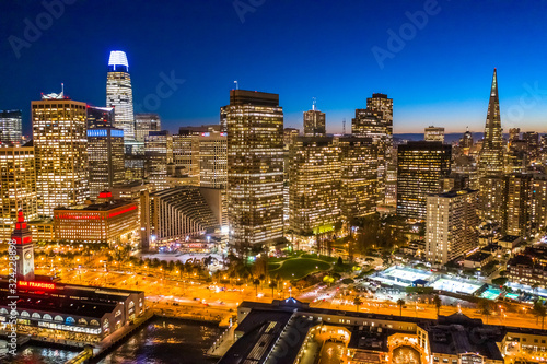 San Francisco downtown buildings skyline aerial sunset evening