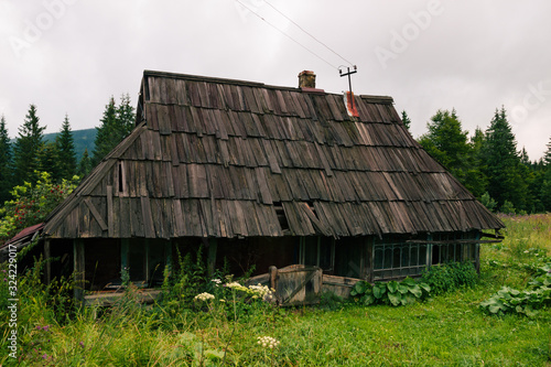 Ukrainian village in the Carpathian mountains in cloudy day. Old wood authentic house in summer time. Country side view with the yard. Rural landscape with forest green grass and abandoned home.