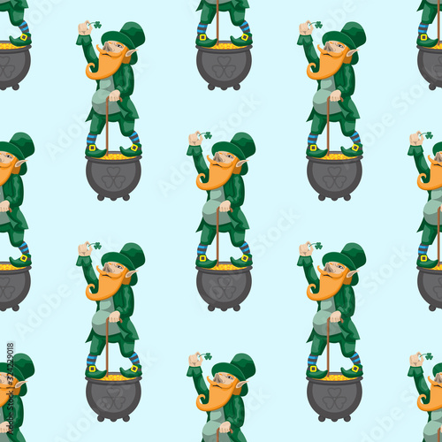 Seamless pattern leprechaun dwarf fairy tale character for St. Patrick's day on a light blue background. Vector image
