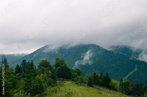 Ukrainian village in the Carpathian mountains in overcast.day. Country side view of cloudy vertex in the middle of summer. Rural landscape with forest, hills, meadow without people.