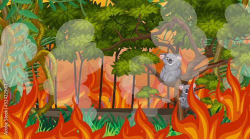 Scene with big wildfire in the forest