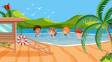 Background scene with kids swimming in the sea