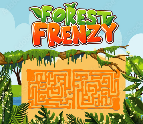 Game template for forest frenzy with maze in the forest