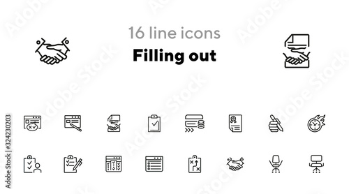 Filling out line icon set. Survey, credit card, handshake. Business concept. Can be used for topics like banking, loan, paperwork, office