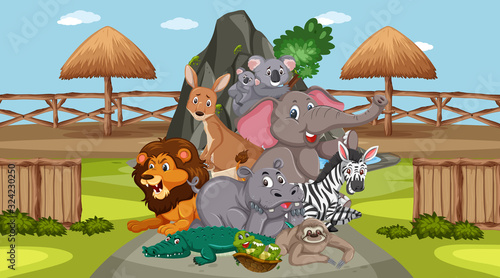 Scene with wild animals in the zoo at day time