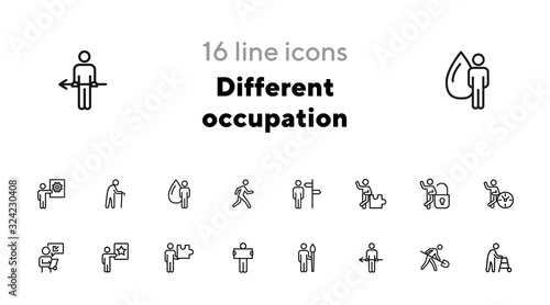 Different occupation line icon set. Direction sign, puzzle, lock, clock. Activity concept. Can be used for topics like management, career, project