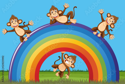 Scene with happy monkeys and big rainbow in the park