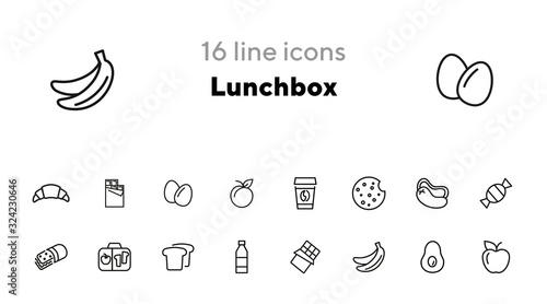 Lunchbox line icon set. Takeaway coffee, bread, fruit, bottle. Food concept. Can be used for topics like lunch, picnic, snack
