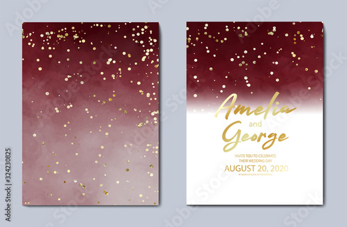 Beautiful dark burgundy water-colour background, great design for any purposes. Invitation ,Greeting card template. Vector gold glitter background texture.