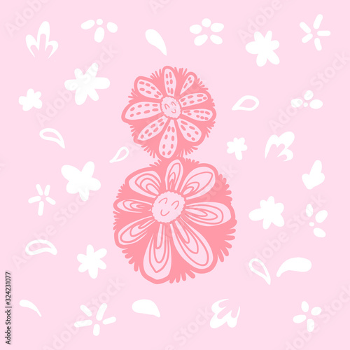 Doodle greeting card with smile number 8. Vector hand-drawing greeting card with smile flowers. Doodle flowers greeting card white on a pink background. For March 8, International Women's Day.