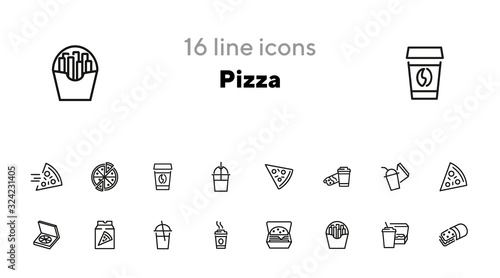 Pizza line icon set. Set of line icons on white background. Fast food concept. Pizza slice, coffee, cocktail. Vector illustration can be used for topics like eating, food, snack