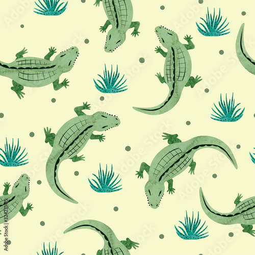 Crocodile pattern. Vector seamless background with watercolor alligators.