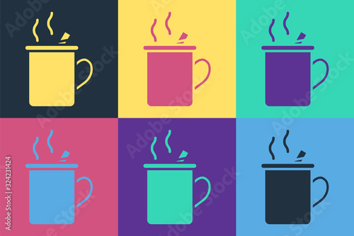 Pop art Mulled wine with glass of drink and ingredients icon isolated on color background. Cinnamon stick, clove, lemon slice. Vector Illustration