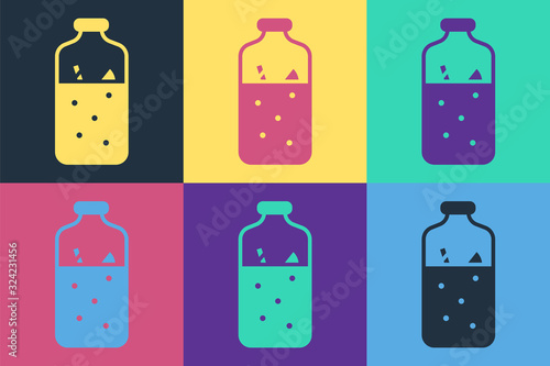 Pop art Mulled wine with ingredients icon isolated on color background. Cinnamon stick, clove, lemon slice. Vector Illustration