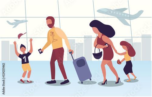 Family travel. Father with luggage, mother with passport, happy son and daughter with clatch at the airport. Vector illustration in a flat style. Together travveling concept.